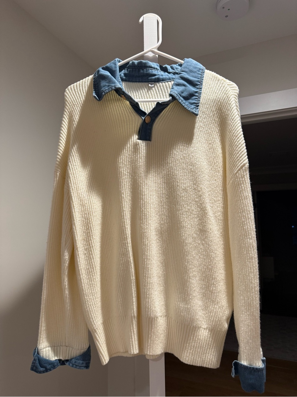 Cream Knit Polo Sweater with Denim Trim - Men